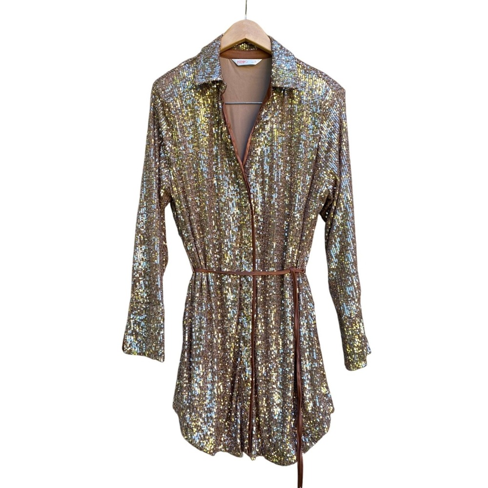 Sequin Shirt Dress Long Sleeve Mini Belted Glam Gold Bronze XL Bratz Party Y2K